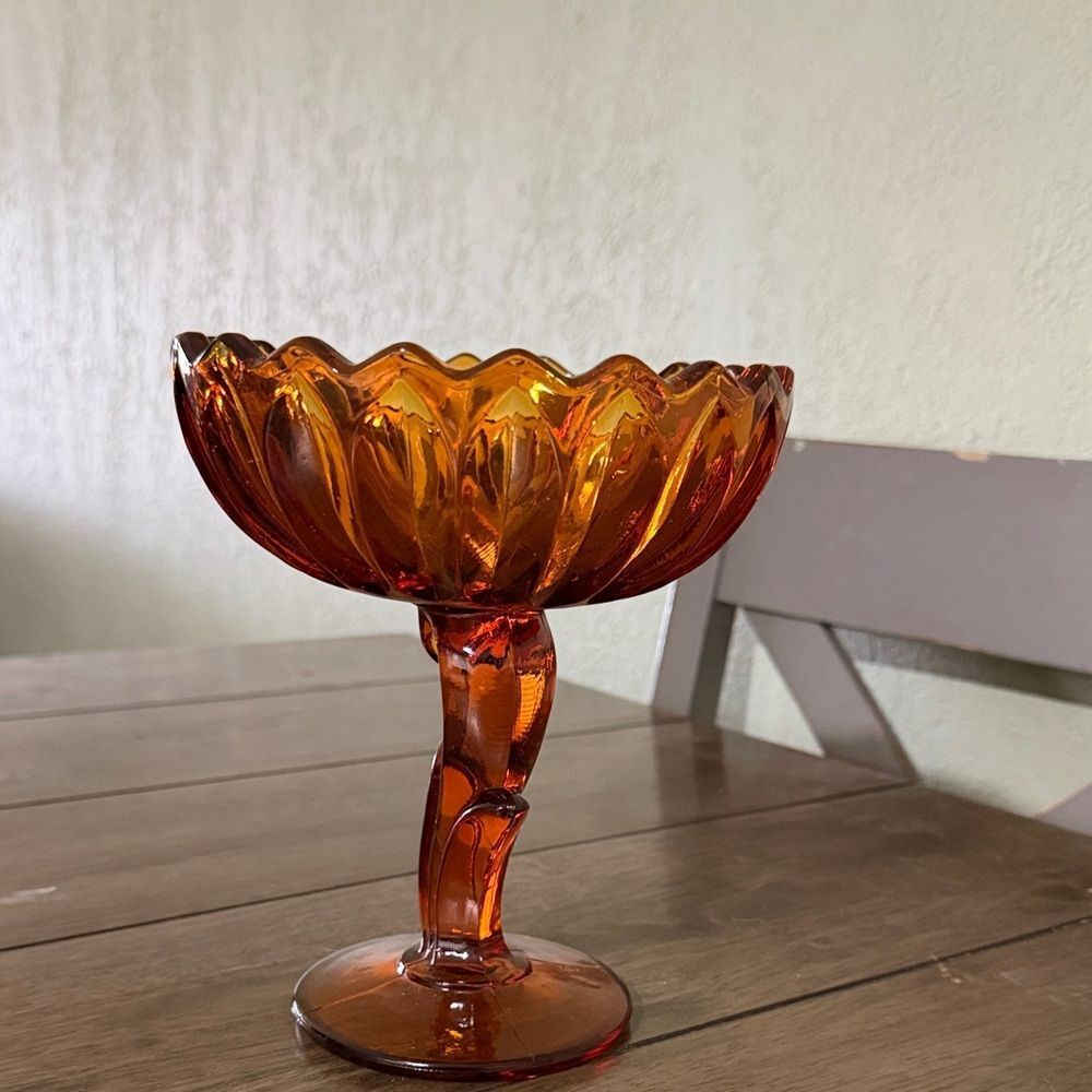 Vintage Amber Glass Compote Dish Indiana Glass Lotus Blossom 1960s